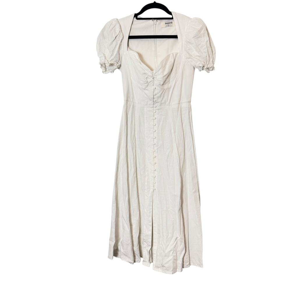 House of CB Ellery White linen blend puff sleeve midi sundress - Picture 3 of 7